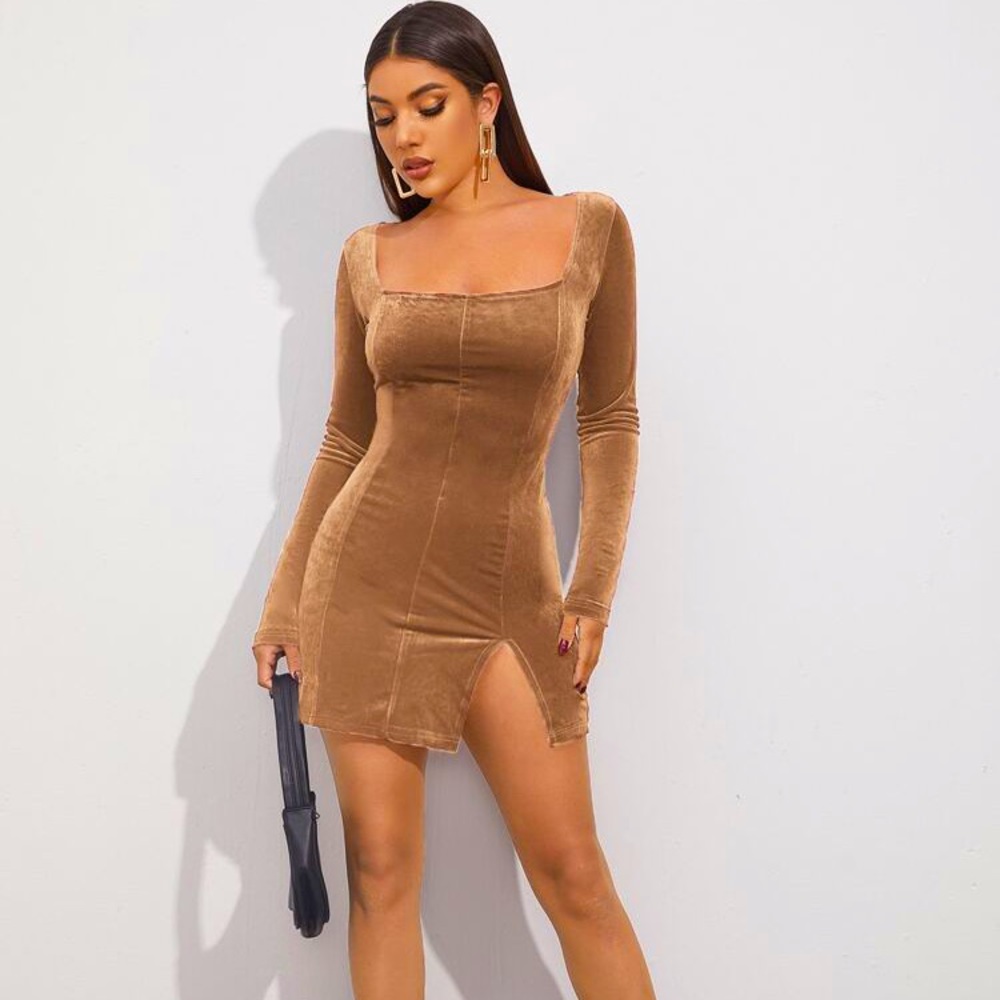 Tan crushed velvet bodycon dress NWT